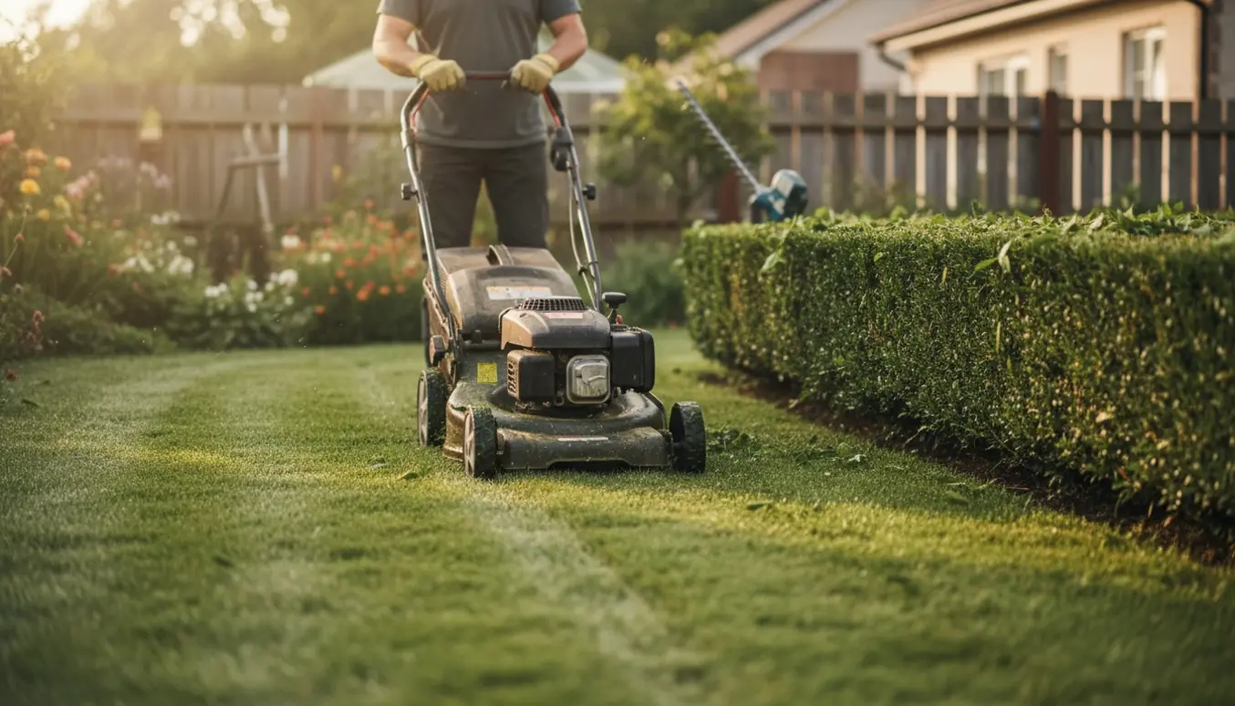 En person slår græs og trimmer en tæt hæk i en velholdt forstadshave.
