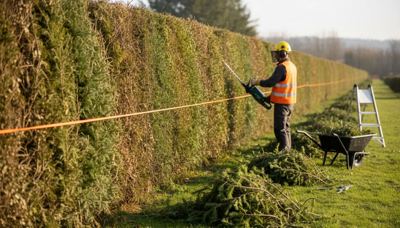 Lang fyrhæk bliver professionelt klippet ned til ensartet lav højde med klippede grene og værktøj i forgrunden.