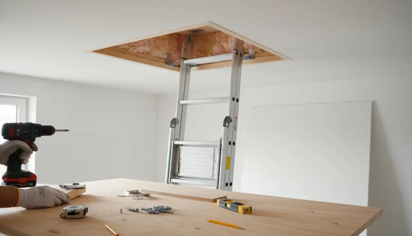 Hænder monterer loftlem med trappestige og værktøj ved en åben loftsåbning.