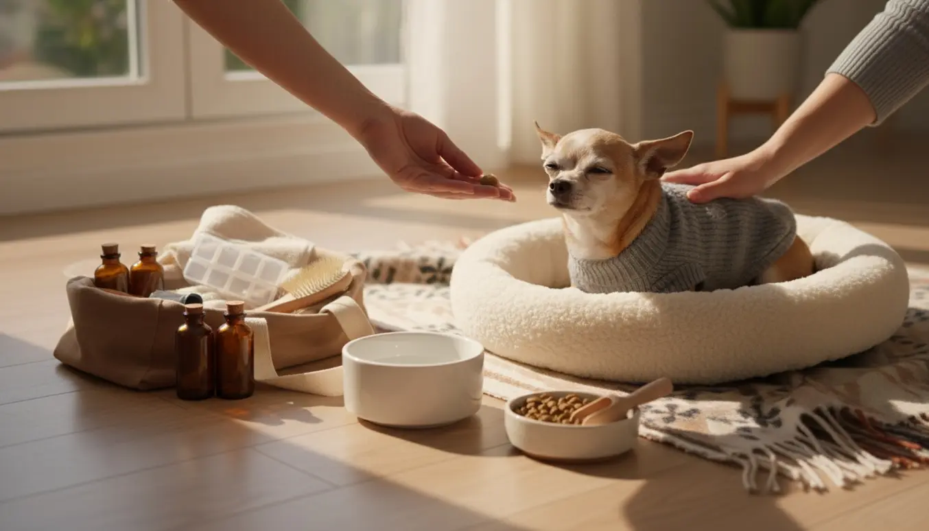 En ældre lille chihuahua i en blød kurv mens omsorgsfulde hænder giver medicin og plejeudstyr ligger klar.