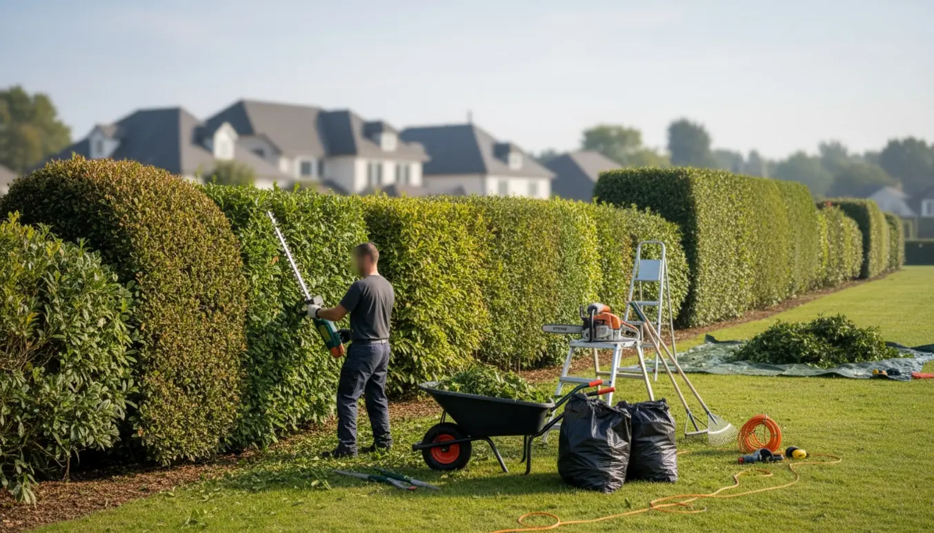 Lang hæk klippes med hækkeklipper og motorsav, afklip og trillebør klar til bortskaffelse.