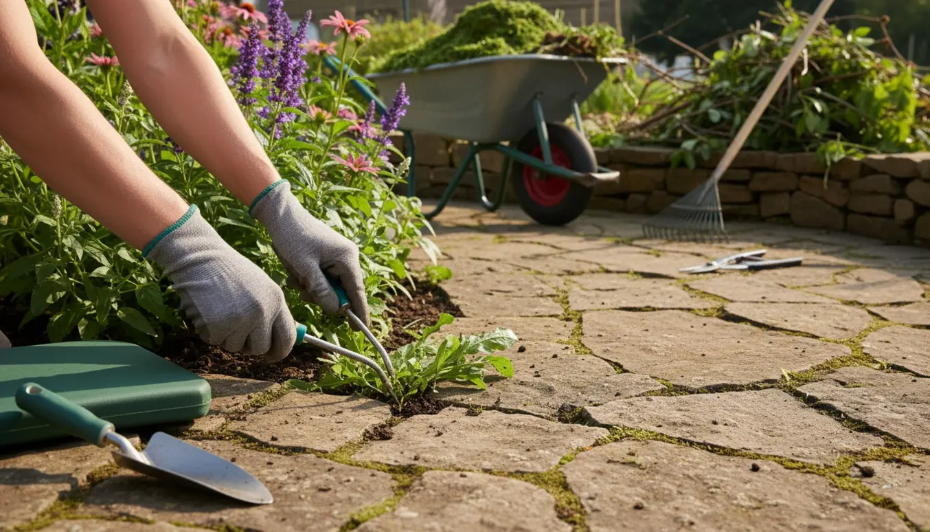 Nærbillede af hænder, der fjerner ukrudt mellem fliser med værktøj, foran en trillebør og en stor bunke haveaffald.