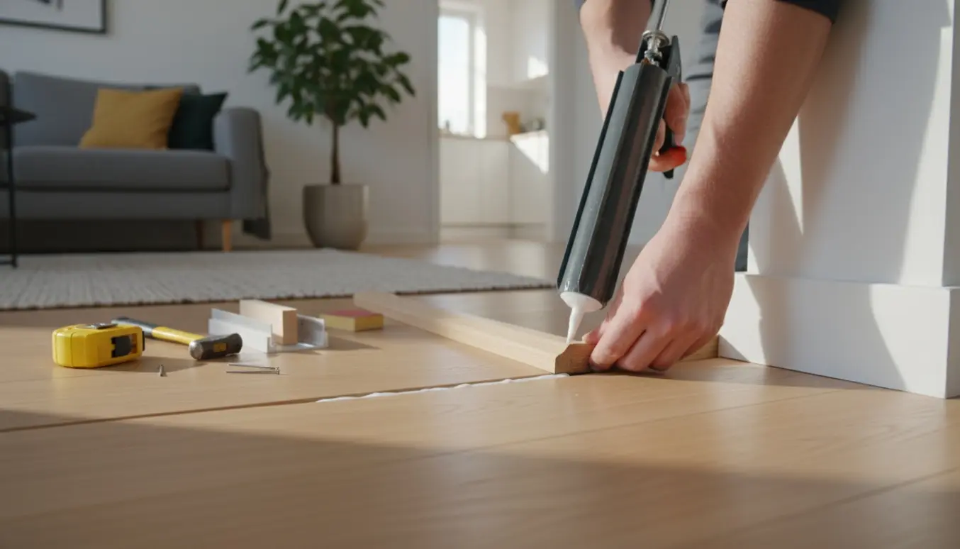Nærbillede af hænder, der monterer fodliste og fuge for at lukke et mellemrum mellem gulvet og væggen.