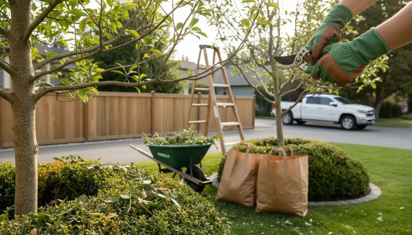 Gartner beskærer to træer og buske med handsker og beskærersakse, mens vogn og bundter haveaffald er klar til afhentning.