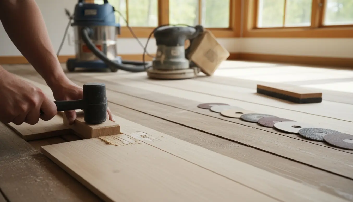 Slibning og reparation af et fyrretræsplankegulv i et lyst sommerhus.