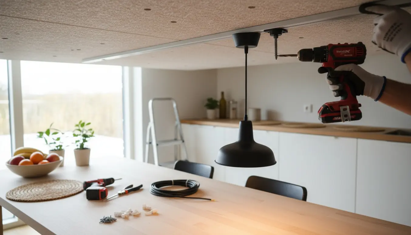 Hænder monterer en lampeskinne i et troldtekt loft over et spisebord i et lyst køkken.