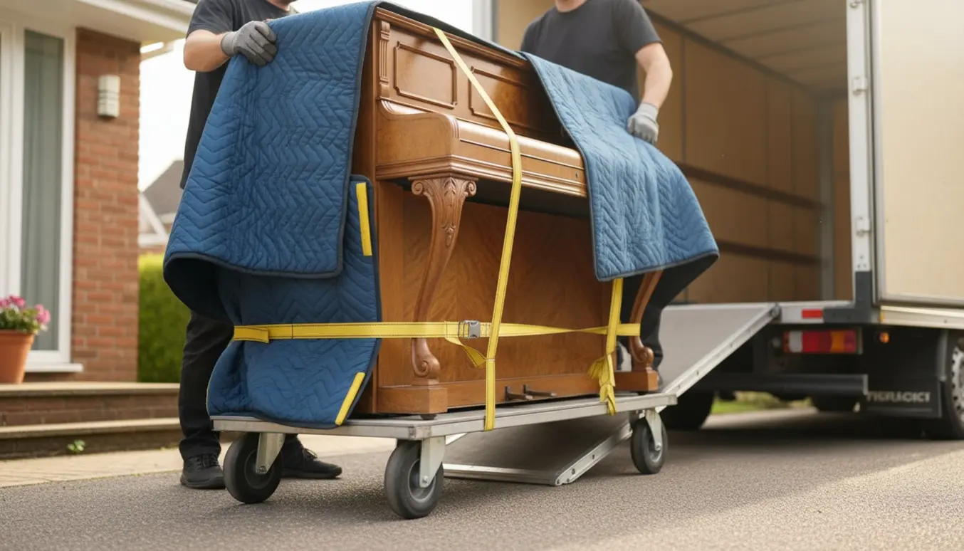 Et opretstående træklaver pakket ind i flyttetæpper og læsset ind i en flyttevogn.