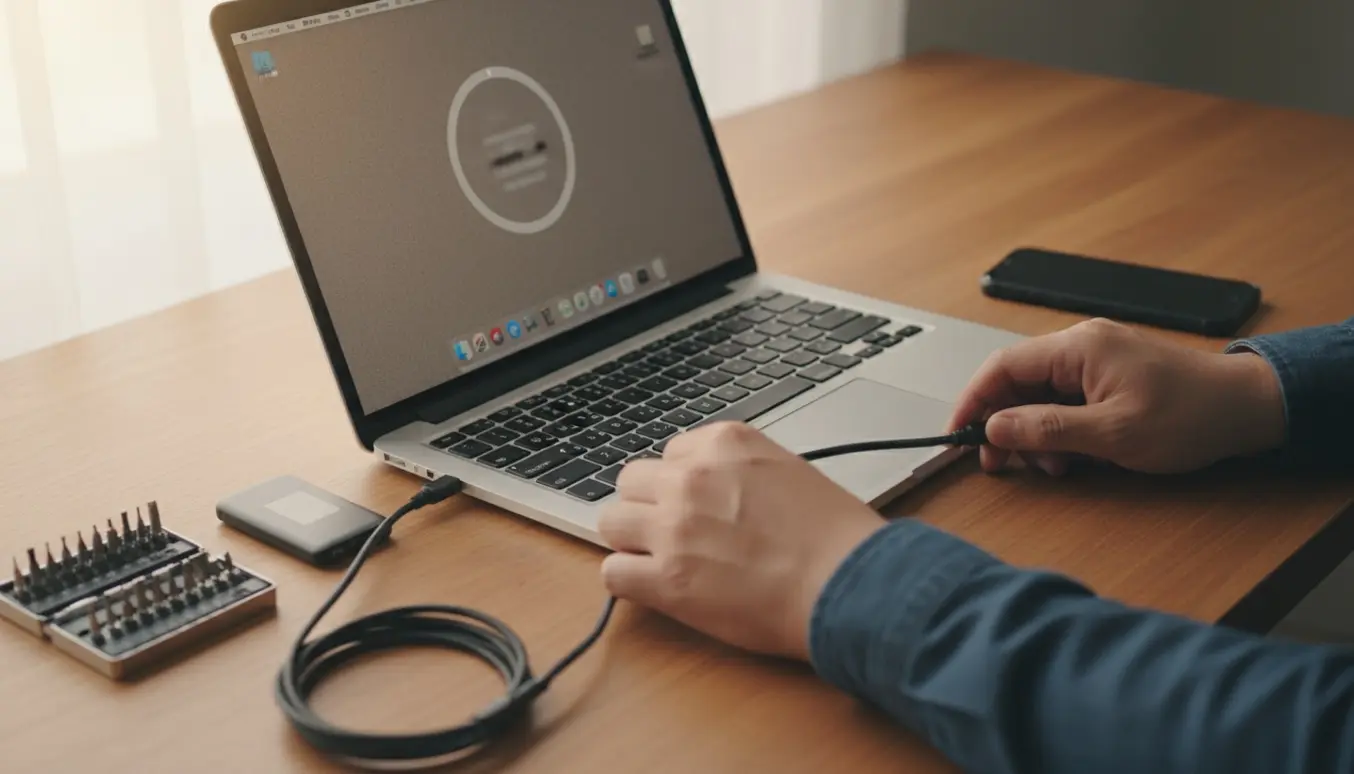 En MacBook Pro med en frossen opdateringsskærm, mens hænder tilslutter et USB-C-kabel.