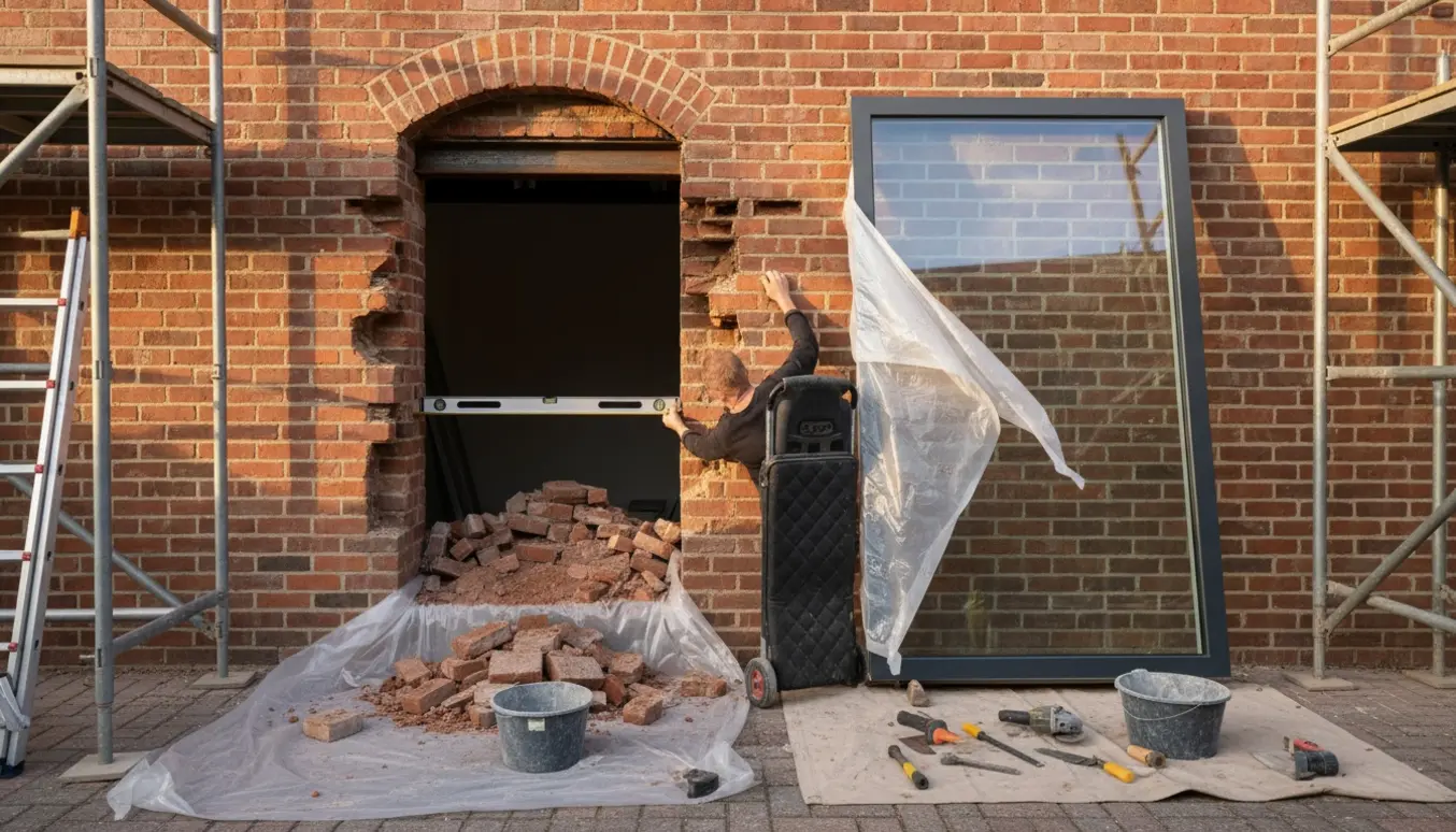 Delvist revet mur med åbning til en glasdør, værktøj og murbrokker i forgrunden.