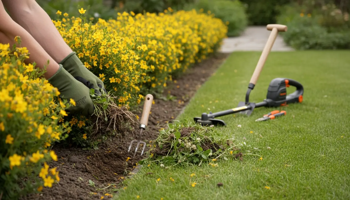 Hænder i handsker fjerner ukrudt under en potentillahæk og skærer kanten af græsplænen.