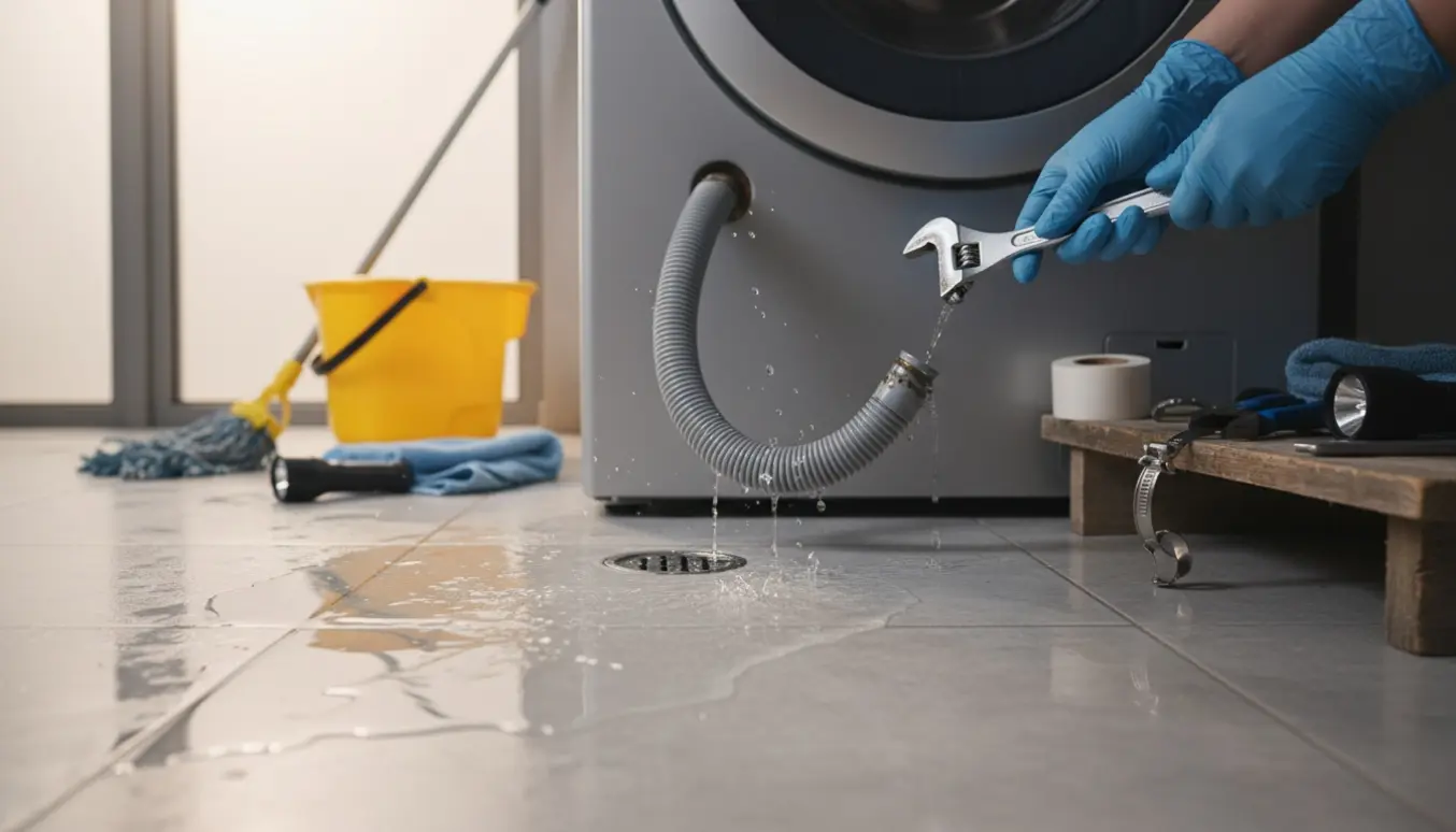 En vaskemaskine/tørretumbler lækker vand fra en løs afløbsslange på flisegulvet, mens hænder forbereder reparation.