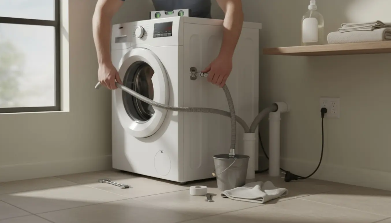 Hænder tilslutter vand- og afløbsslanger på en ny vaskemaskine ved en stikkontakt.