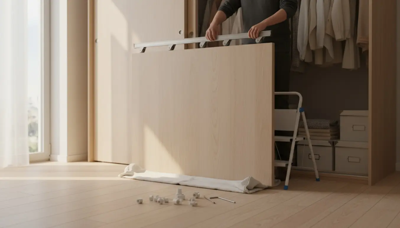 Hænder genmonterer en skydedør på et PAX-garderobeskab med synlige skinner og ruller.