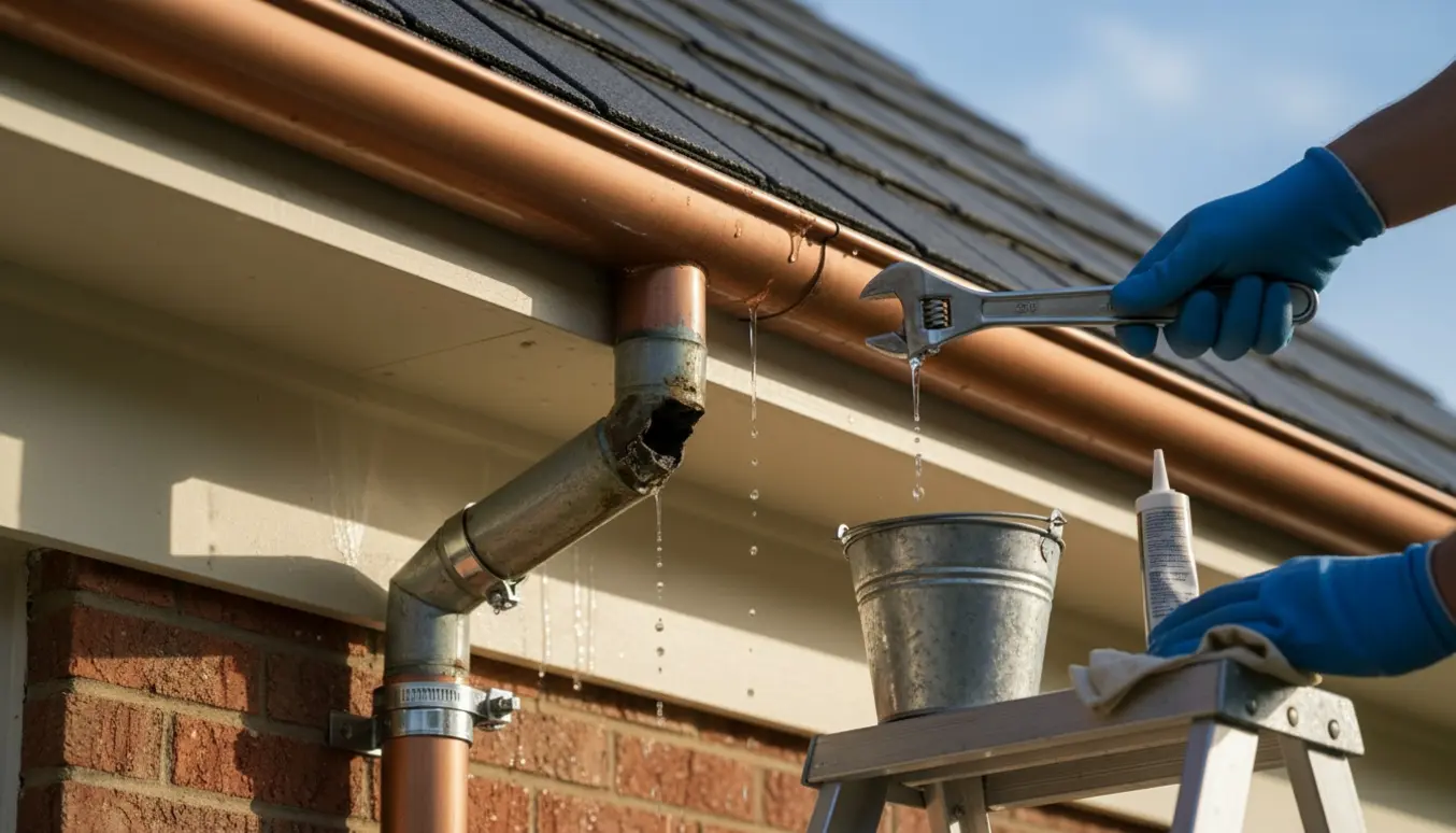 Nært foto af adskilt nedløbsrør og utæt tagrende mellem 1. og 2. sal med handsker, værktøj og en stige.