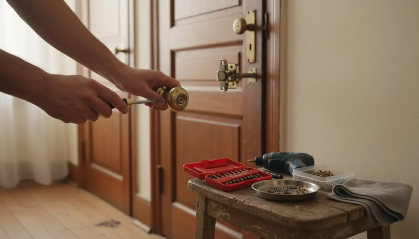Nærbillede af hænder, der strammer et løst dørhåndtag i en ældre lejlighed med værktøj og reserveskruer ved siden af.