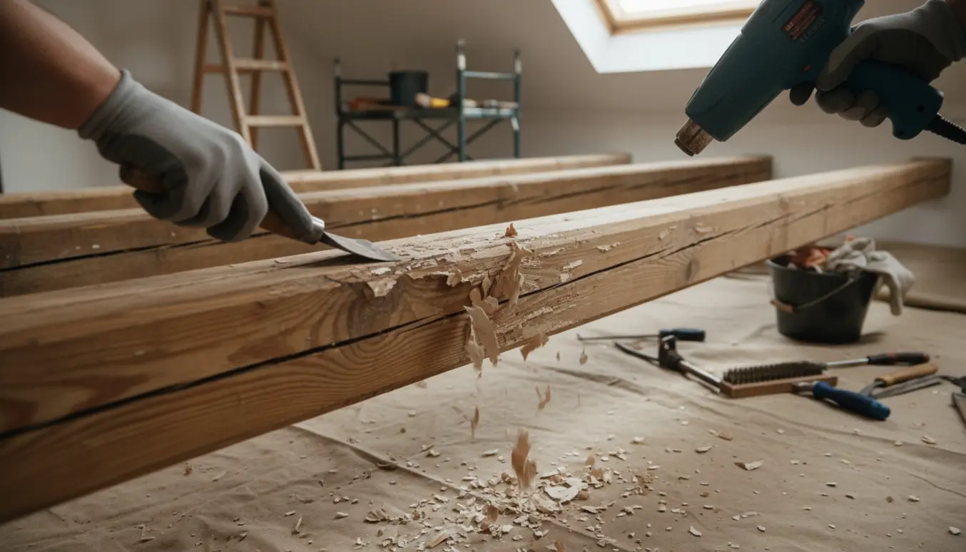 Nærbillede af handskerede hænder, der skraber brun og hvid maling af en loftsbjælke i et lyst loftrum med flere synlige bjælker.