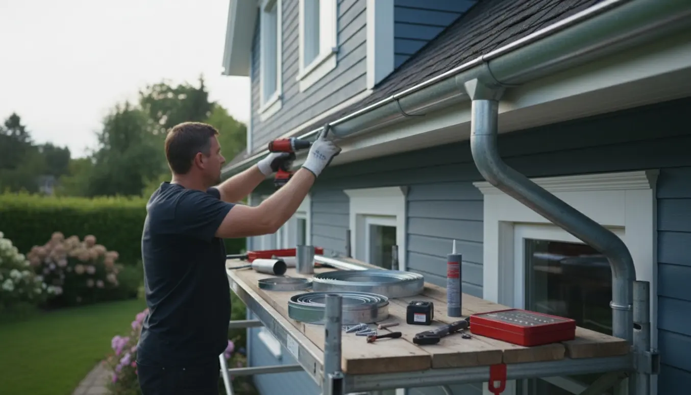 Zink tagrender monteres fra stillads på et lille hus, med værktøj og materialer i fokus.