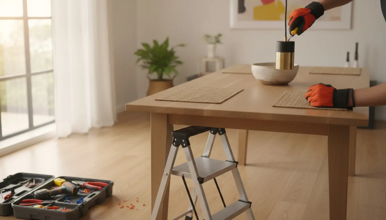 Elektriker monterer en pendel over spisebordet med værktøj og stige ved siden af.