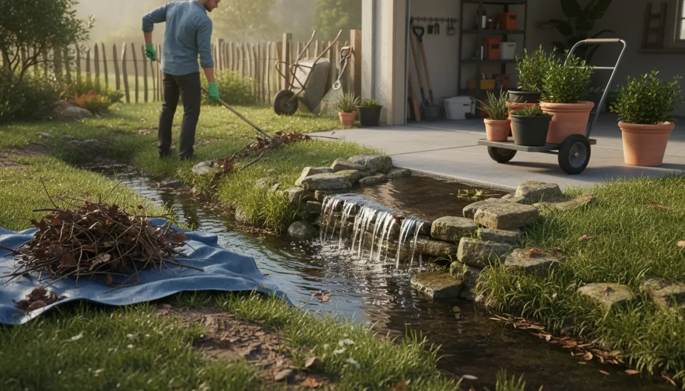 Havearbejde ved et lille vandløb, hvor grene og blade ryddes, og potteplanter køres ind i en garage.