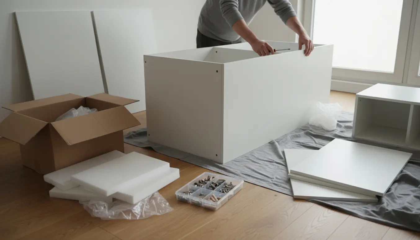 En person samler et fladtpakket to-dørs garderobeskab og et lille overskab med emballagen liggende ved siden af.