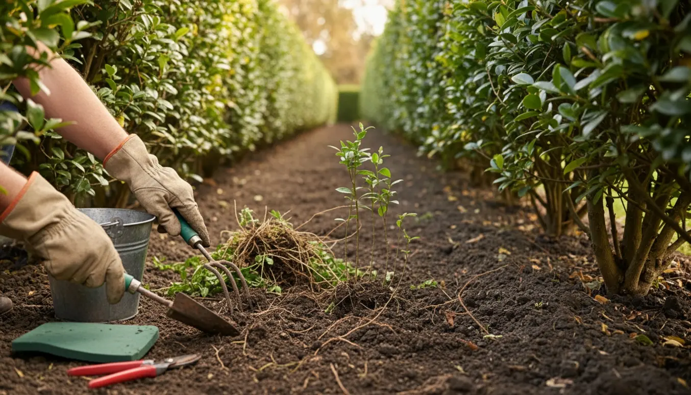 Hænder i havehandsker fjerner ukrudt og små træskud mellem bredt placerede hække med jord og redskaber i forgrunden.