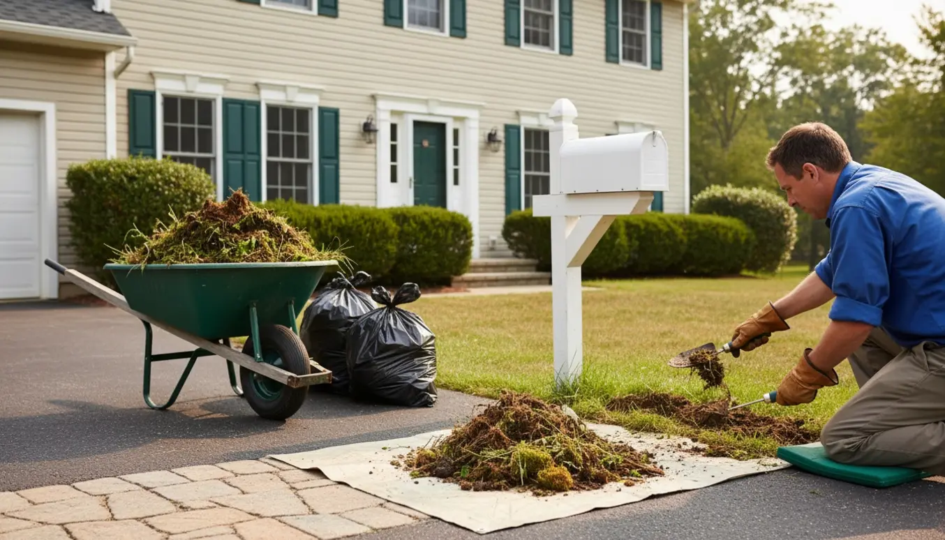Person rydder ukrudt i forhaven ved postkassen med rive, trillebør og fyldte affaldssække klar til bortskaffelse.