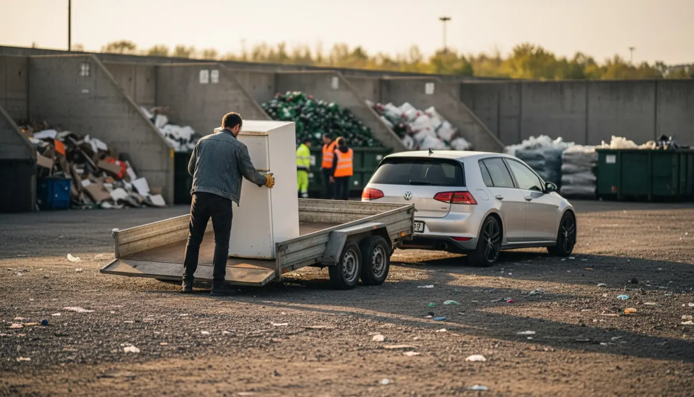 En bil med trailer aflæsser et gammelt køleskab ved en losseplads i varmt eftermiddagslys.