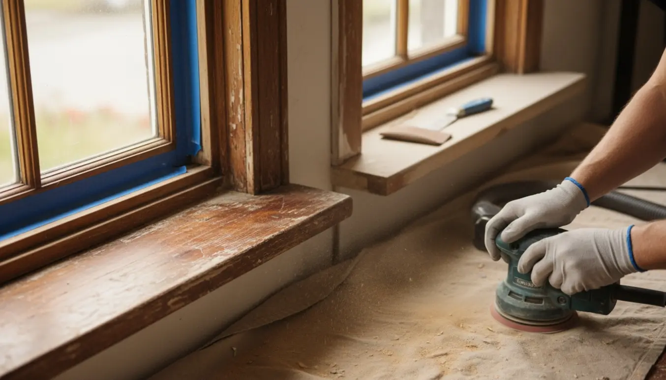 Hænder sliber to indvendige vindueskarme og rammer, hvor malingen er fjernet og slibestøv ligger på afdækningen.