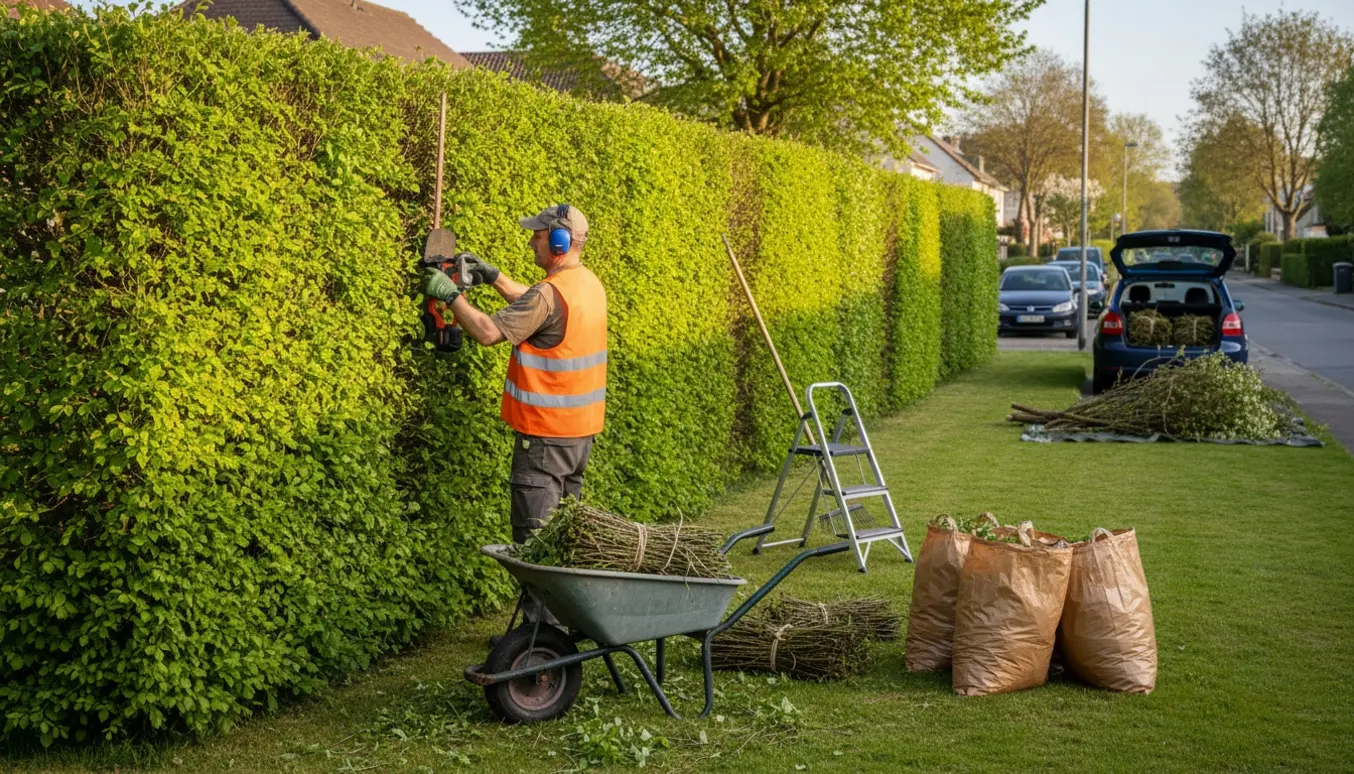 Person set bagfra klipper en ca. 25 m lang bøgehæk ved et rækkehus, med skubvogn, bundter og poser klar til bortkørsel.