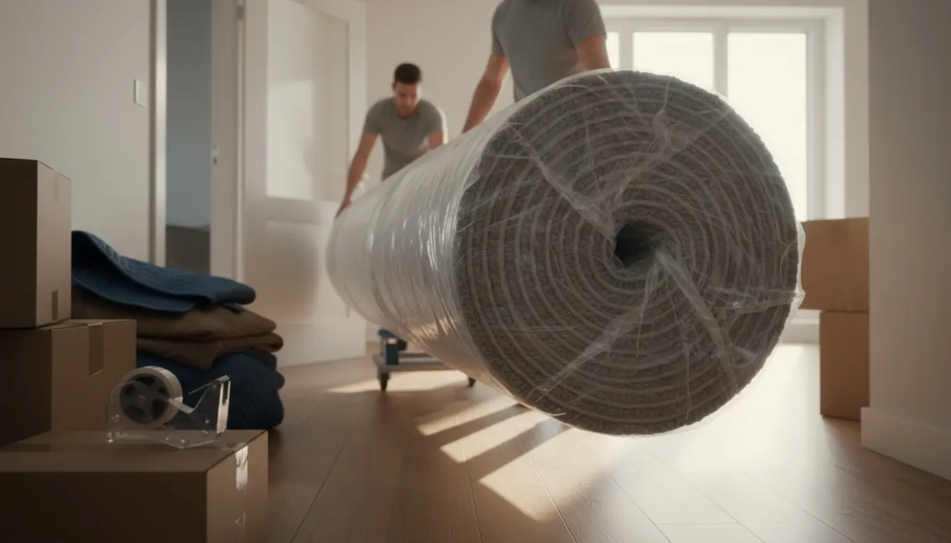 Langt væg-til-væg-tæppe pakket i klar plast bæres gennem en lys lejlighedshall.