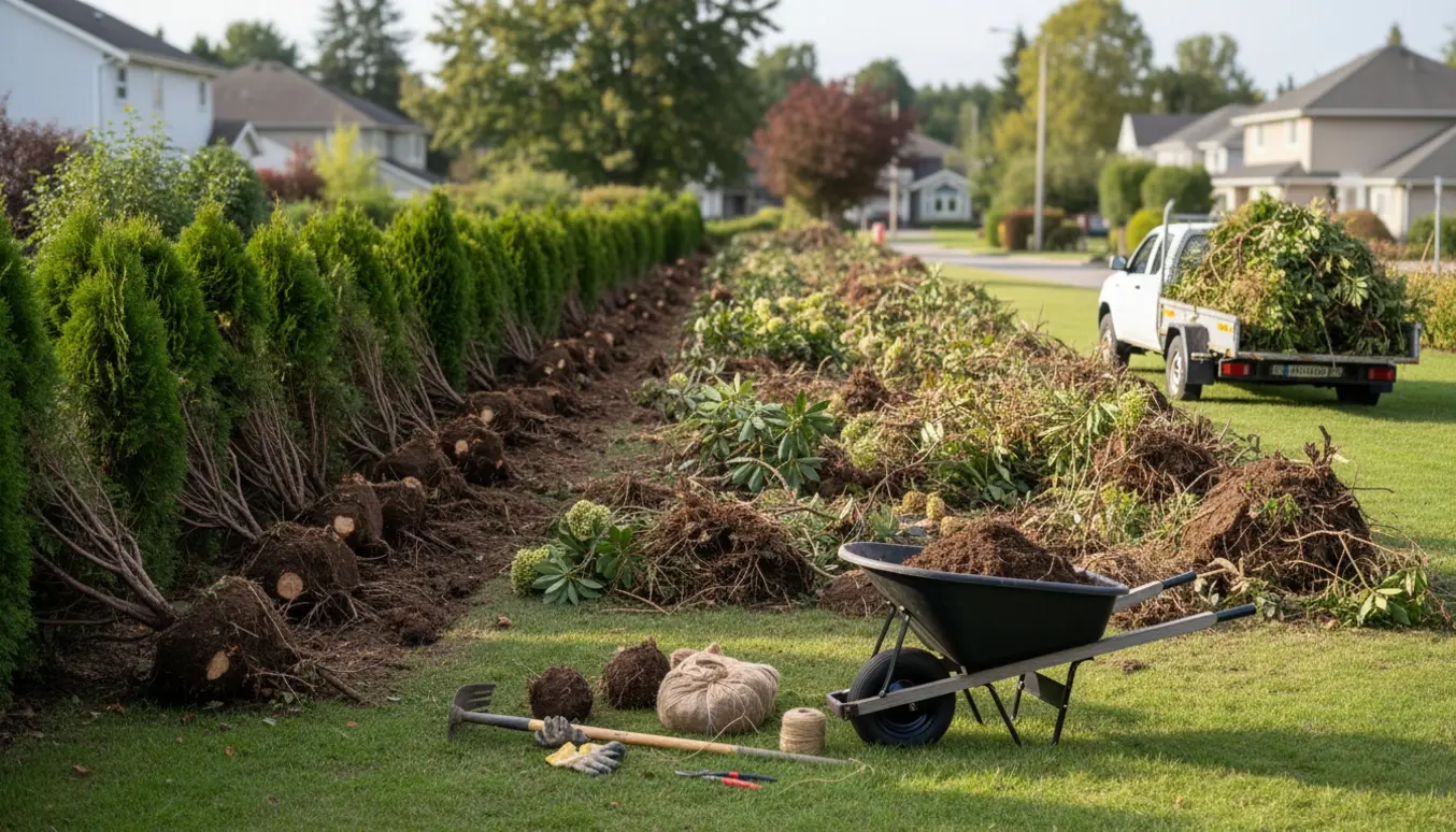 Fjernelse af 30 m beplantning med rodklumper, værktøj og trailer klar til bortkørsel.