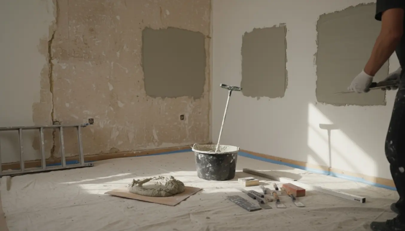 En murer spartler en væg med frisk puds og værktøj på et afdækket gulv.