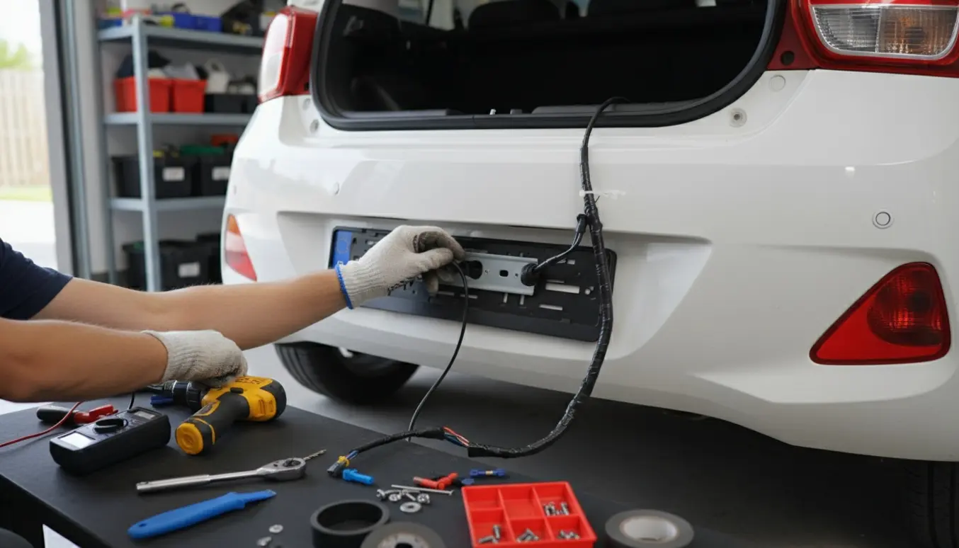 Nærbillede af montering af bakkamera i bagkofanger på en lille hatchback i et lyst garageværksted.