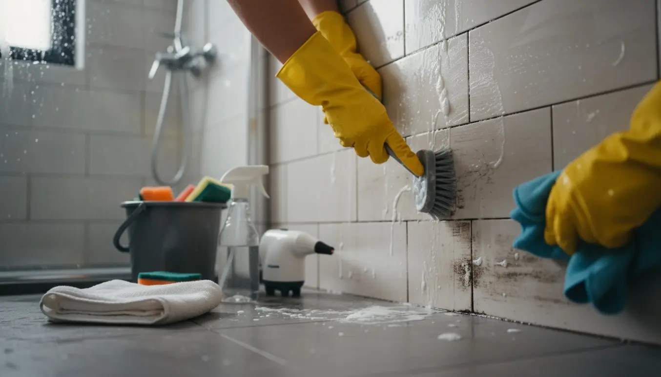 Hænder i gummihandsker skrubber kalk og skimmel væk fra badeværelsesfliser med børste og rensemiddel.