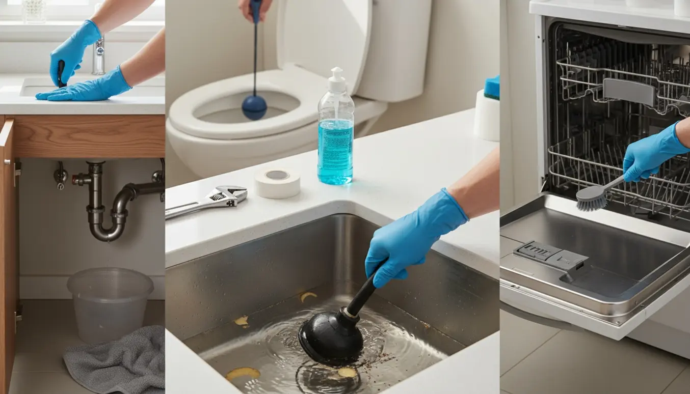 Hænder reparerer en utæt vask, svupper en tilstoppet køkkenvask og afkalker toilettet med værktøj og rengøringsmidler.