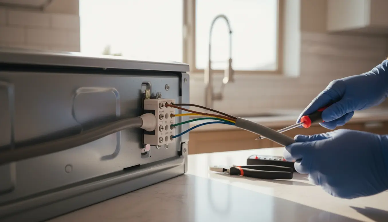 Nærbillede af hænder, der tilslutter et nyt komfur til et kabel med fire-fem ledninger bag på komfuret.