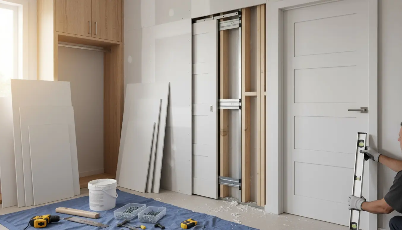 Indendørs billedet viser installation af en indbygget skydedør med plader klar til at dække et åbent skab.