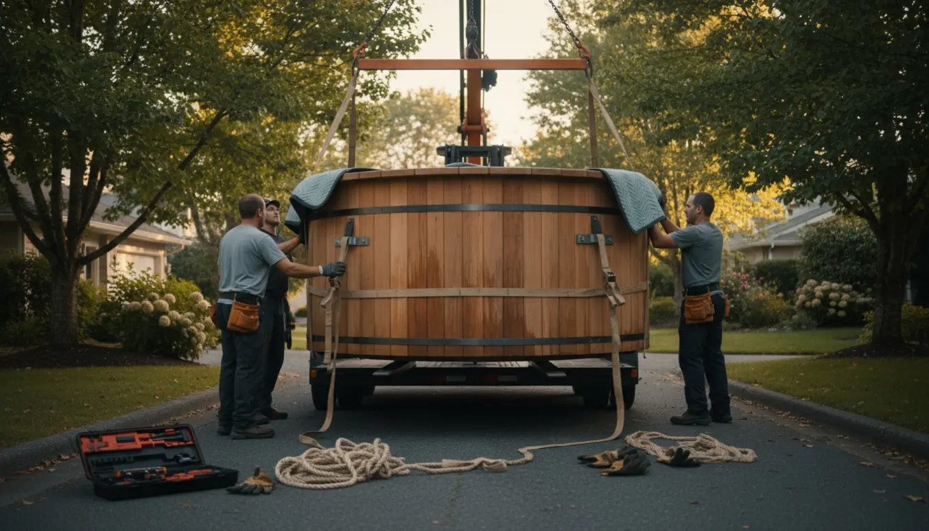 Et vildmarksbad løftes og sikres på en trailer i en villaindkørsel.