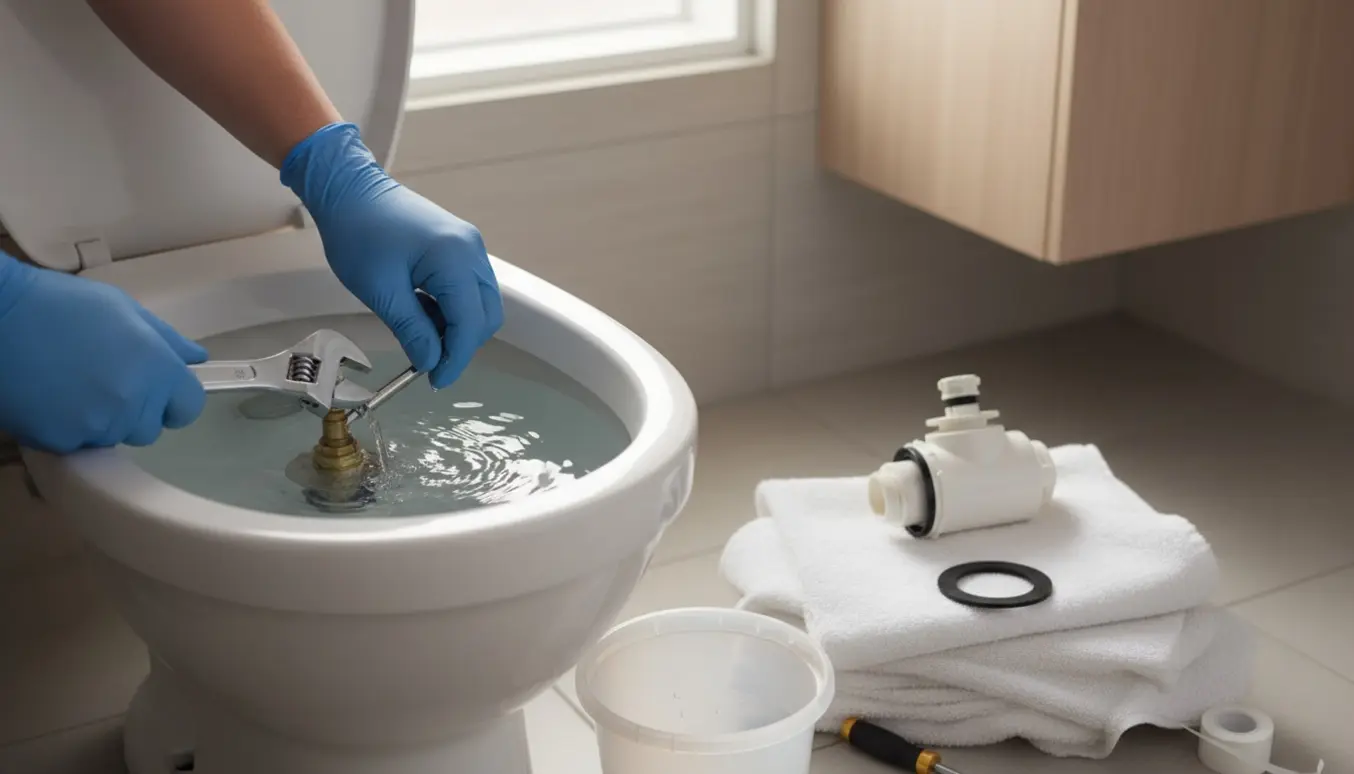Nærbillede af åben toiletcisternes indmad, hvor en VVS-håndværker udskifter en ventil.
