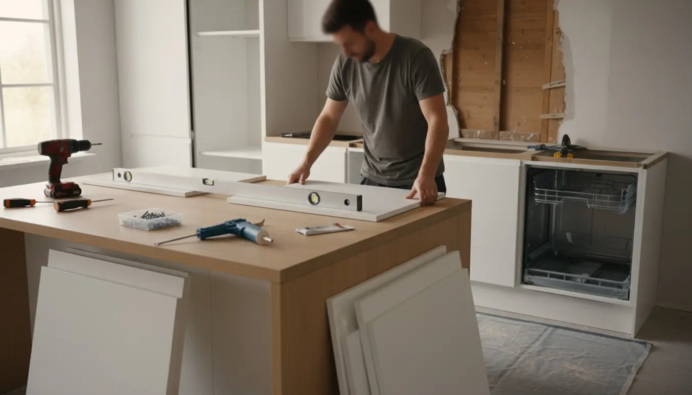 Håndværker justerer skabslåger og forbereder indbygget kølefrys og opvasker i et køkken under renovering.