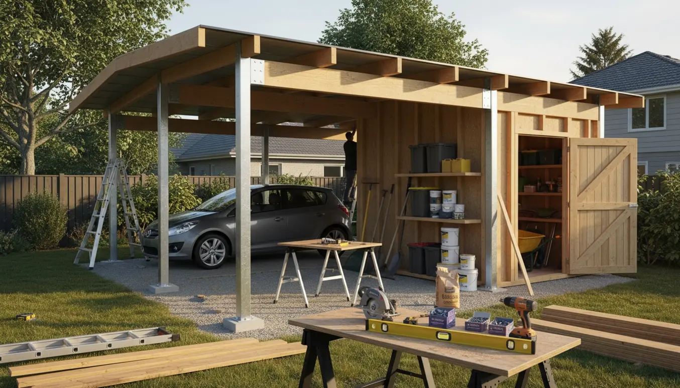Delvis færdig carport med lille redskabsrum i baghaven og værktøj og materialer spredt omkring.