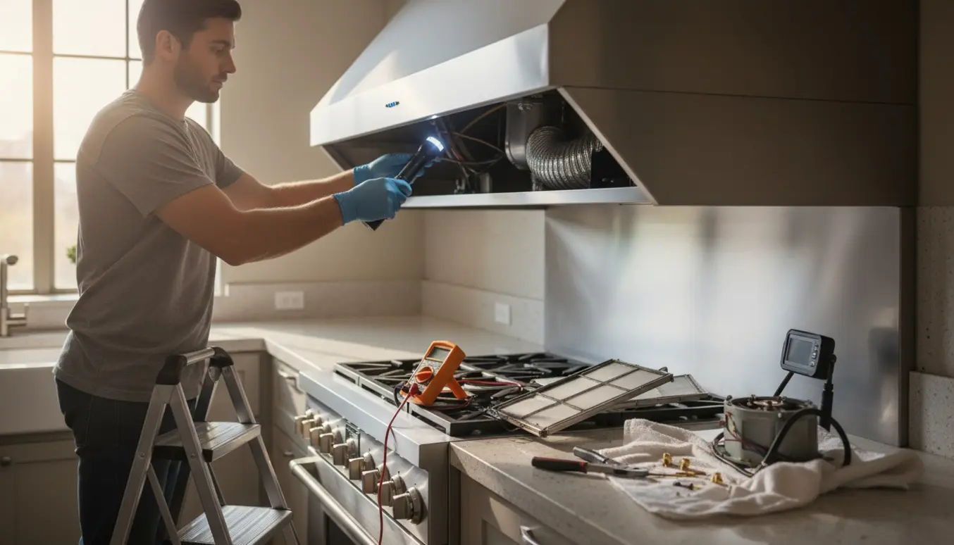 Diagnose af emhætte i et moderne køkken med filtre fjernet og værktøj på bordet.