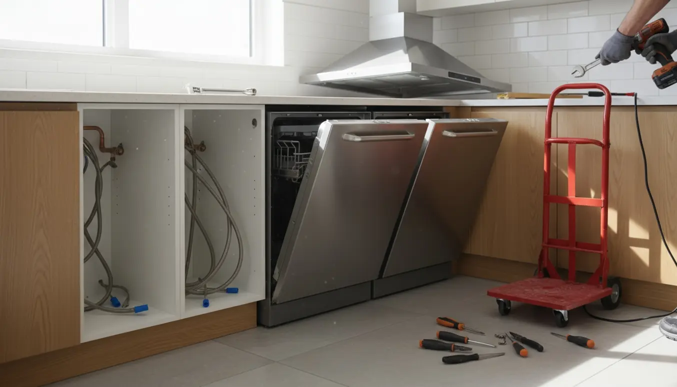 To afmonterede opvaskemaskiner trukket ud i et lyst køkken med værktøj og en delvist fjernet emhætte.