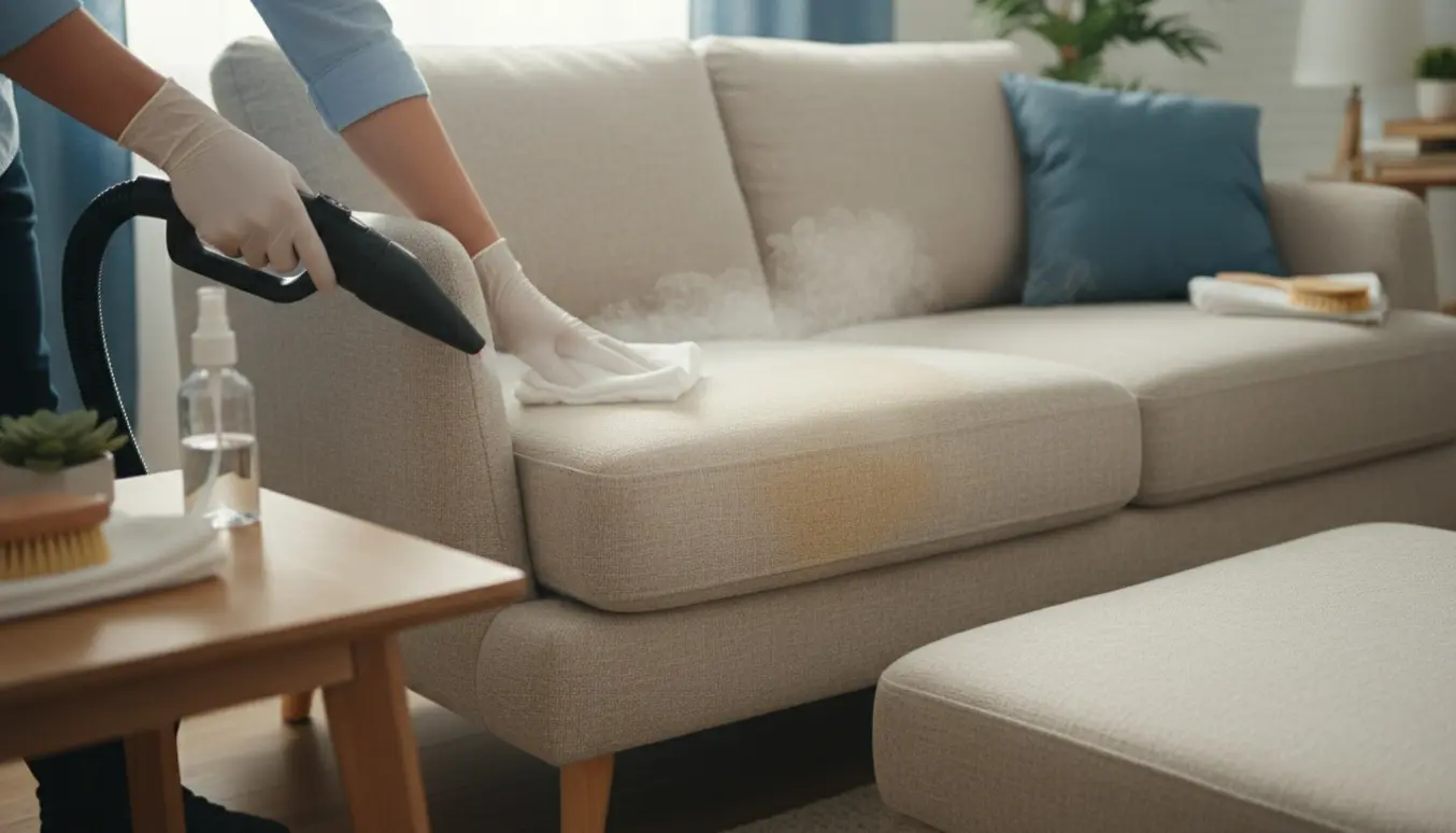 Nogen renser en stofsofa med damprenser og microfiberklud i en lys og rolig stue.