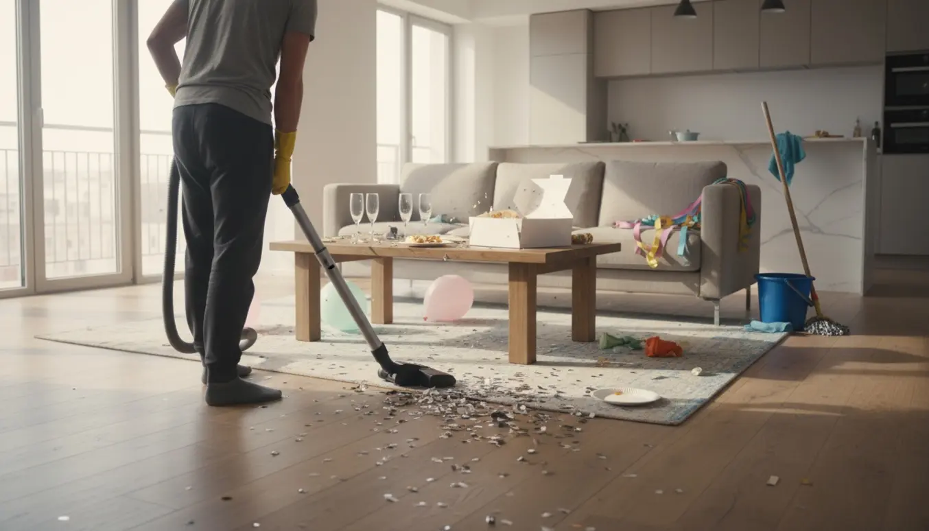 Morgenlys i en åben lejlighed hvor en person støvsuger konfetti og rydder op efter en lille fest.