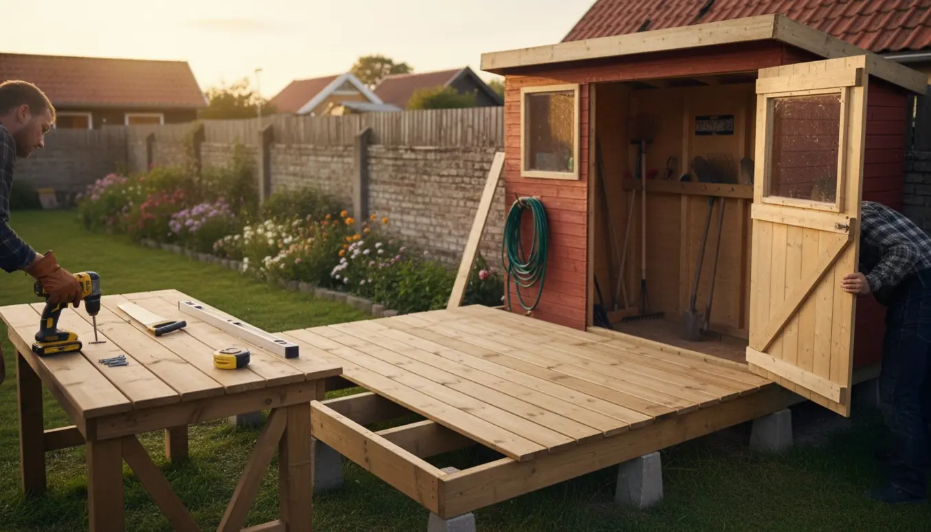 Delvist færdig terrasse og tilbygges redskabsskur i en kolonihave, håndværkere arbejder uden at vise ansigter.