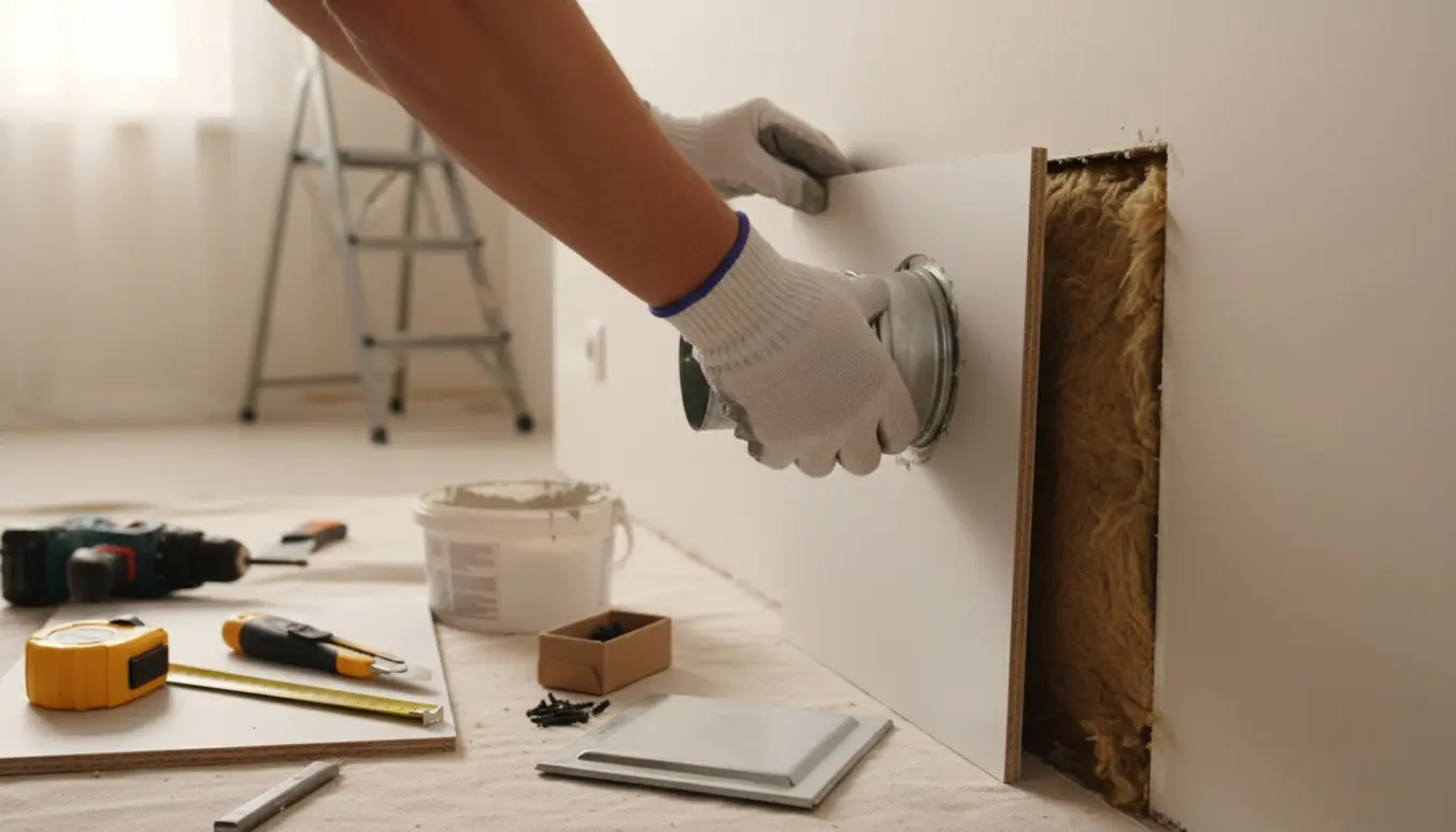 Hænder monterer en lille gipsplade og fylder rockwool i en gammel aftrækskanal i et lyst rum.