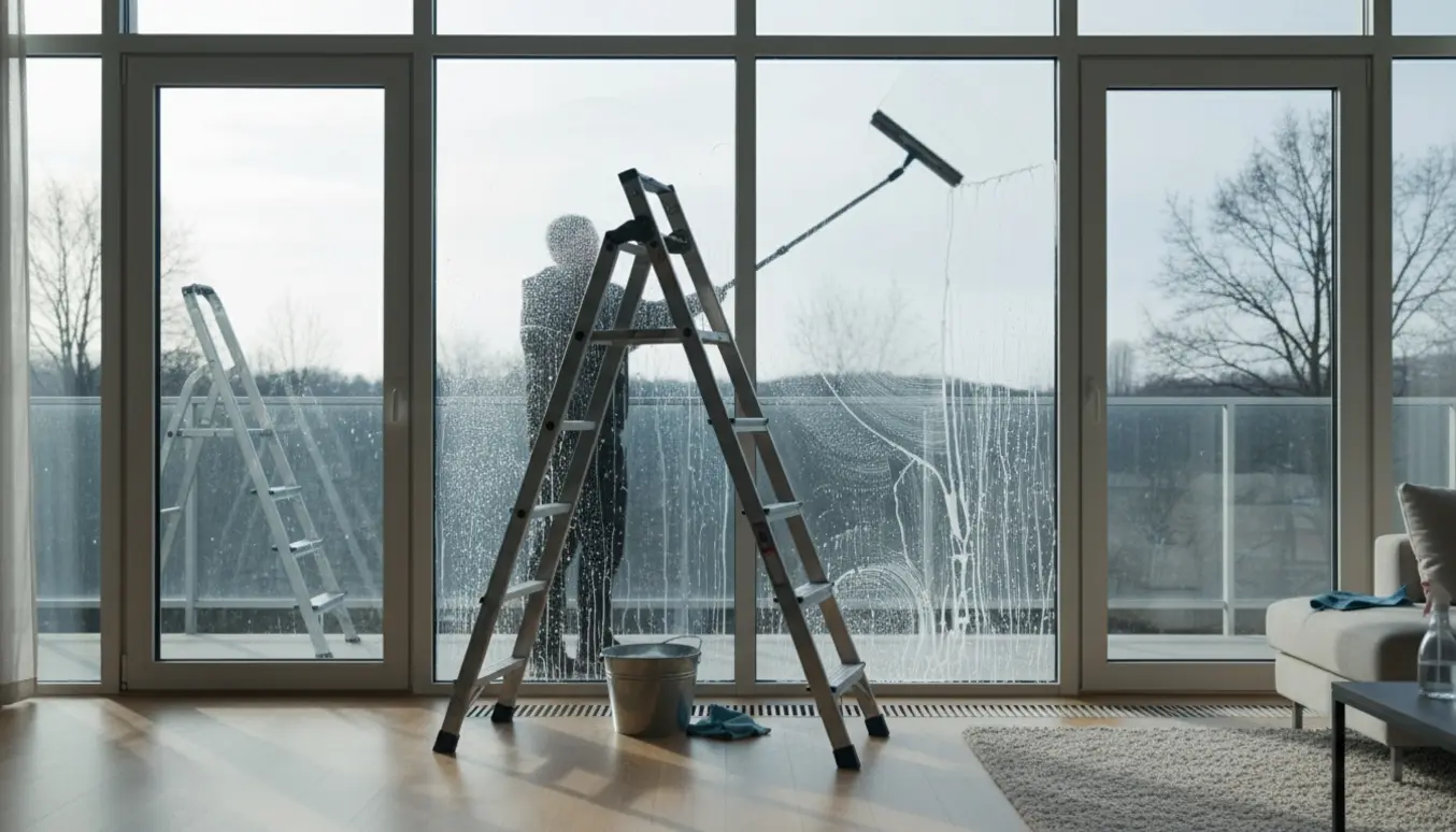 En person pudser ni høje vinduespartier med stige, spand og vaskeskraber.