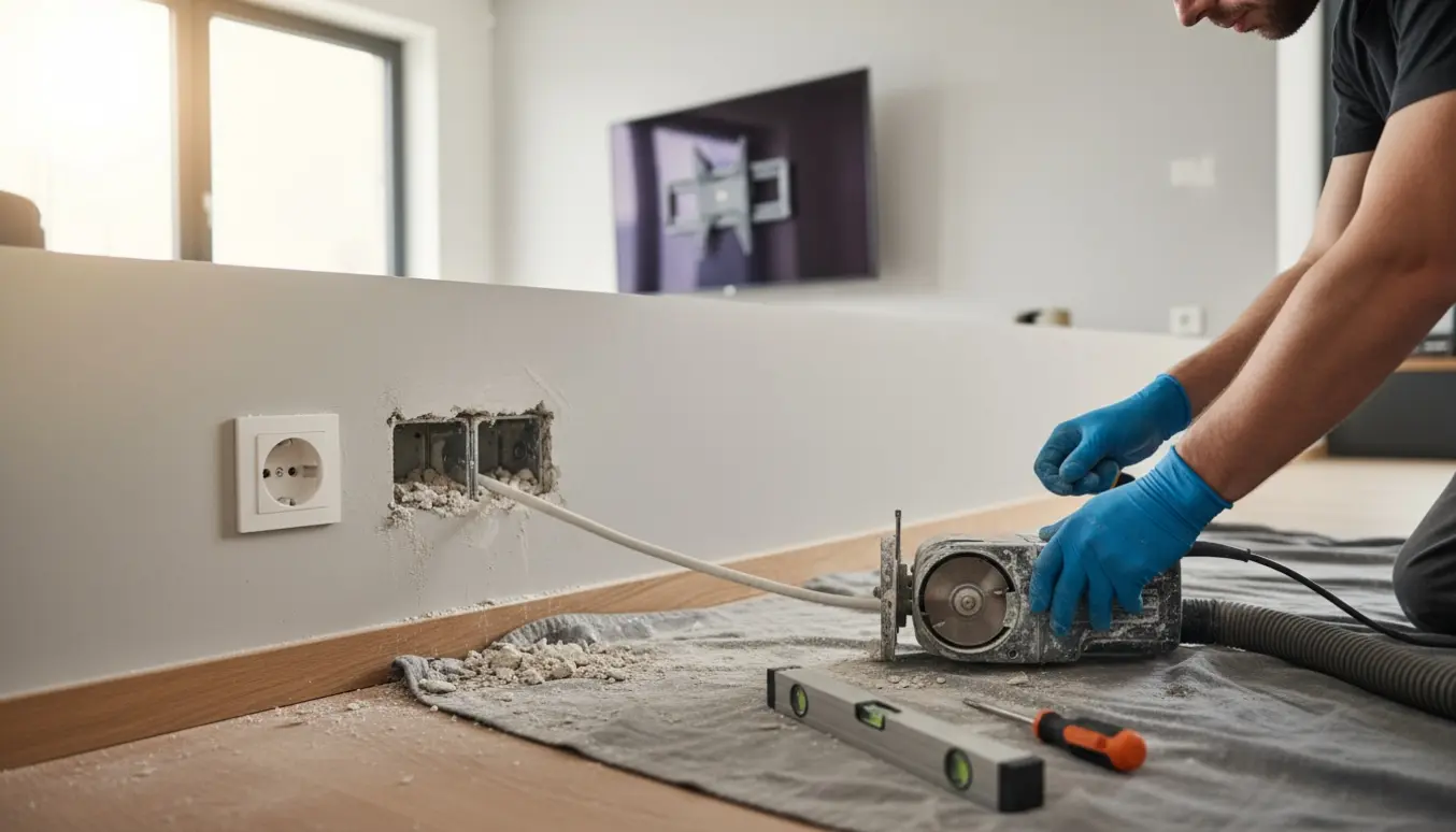 Nærbillede af åben rillefræsning og installation af ny tv-stikkontakt med synligt kabel og værktøj.