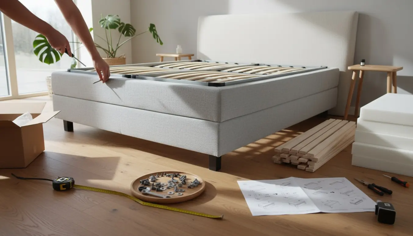 Delvist samlet kontinentalseng (140x200) i lyst soveværelse med hænder, der monterer bundrammen.